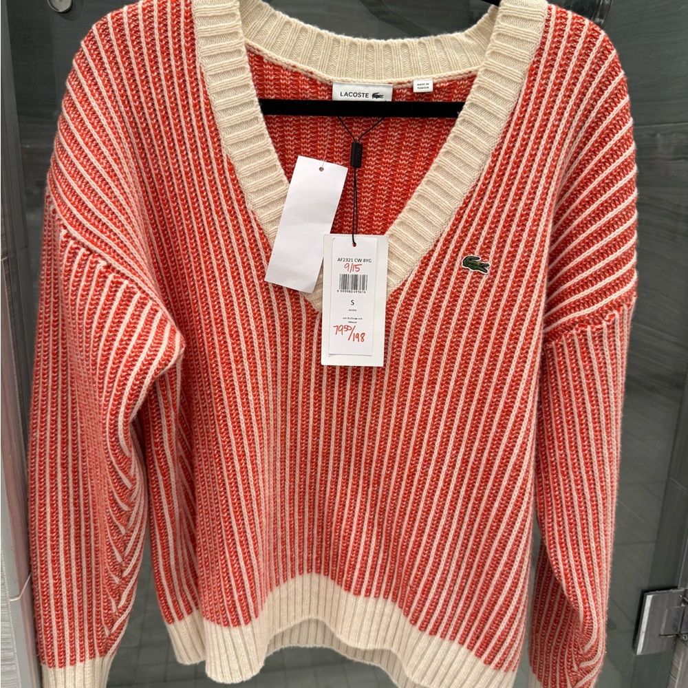 Lacoste Women's V-Neck Sweater in Red and Cream